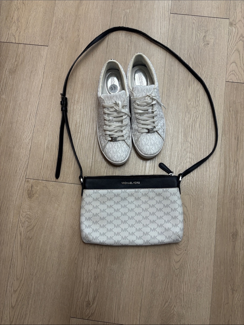 Michael Kors White and Black Monogram Crossbody Bag & MK shoes 9.5
